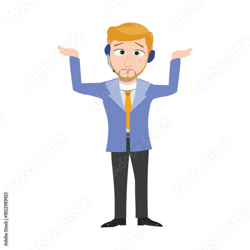 Confused call center agent shrugging his shoulders with a doubtful expression