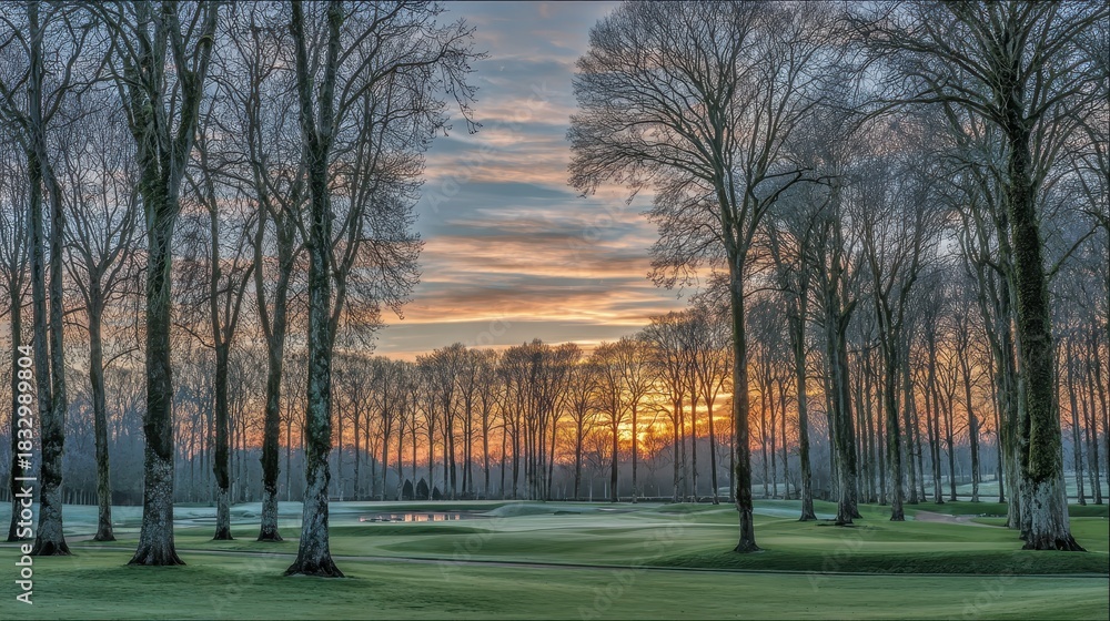 Obraz premium Tranquil Forest Scene With Trees Silhouetted Against A Colorful Sunset Sky And Reflecting Water