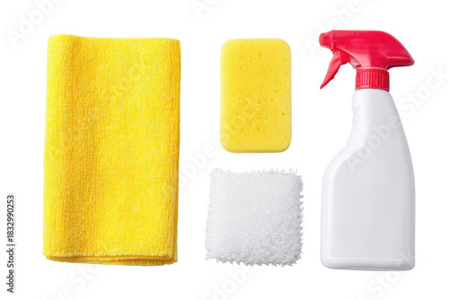 Cleaning Essentials: A set of cleaning tools and products arranged in a high-angle shot, offering a modern aesthetic, ready for household chores. 