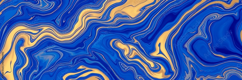 Fototapeta premium Abstract swirling pattern of vibrant blue and gold liquid paint
