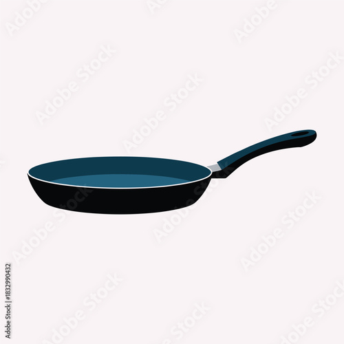 Simple flat illustration of a black frying pan with a blue interior and black handle on a light pink background.