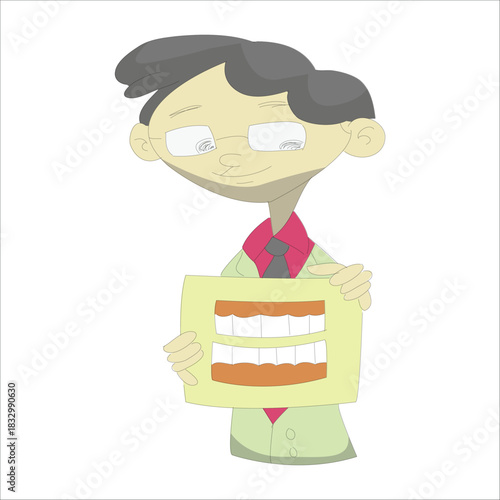 cute cartoon dentist holding a picture of teeth or dentures for education