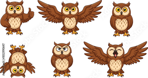 Owl, character, illustration, with, cartoon, birds, pose, expression, brown, cute, wings, emotion, vector, content, playful, educational, design, set, silhouette, animal, personality, whimsical