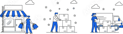 Retail logistics illustration, shopping process, inventory management, delivery service, e-commerce flow, supply chain concept, customer purchase, warehouse, shipping truck