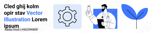 Gear symbol, doctor holding a bottle, and minimal leaf art combine innovation, wellness, and nature. Ideal for innovation, health tech, eco-friendly solutions, business concepts education minimal