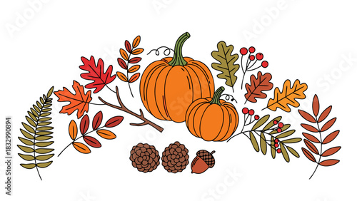 Autumn Harvest Collection Festive Pumpkins, Colorful Fall Leaves, Pinecones, and Acorns for Seasonal Decoration