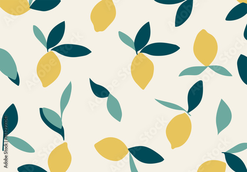 A seamless pattern of yellow lemons and dark teal leaves on a light beige background.