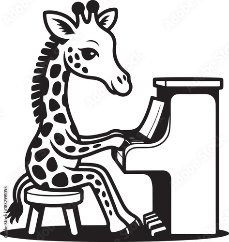 Giraffe Playing Piano With Elegant Style In Black And White Illustration On Transparent