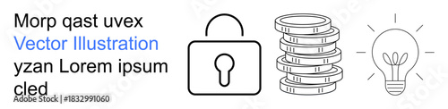 Financial growth, technology security, innovation, business strategy, idea generation, entrepreneurship. A padlock, coins stack and lightbulb icons. Technology security and financial growth concept