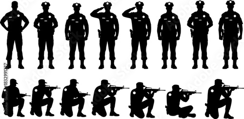 Silhouettes of police and military personnel, standing and kneeling with rifles, tactical poses, law enforcement training, security forces, defense illustration