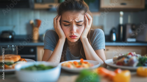 Caucasian woman with brown hair wearing grey t-shirt looking frustrated and holding her head in hands at kitchen table with food. Mental health and diet struggle