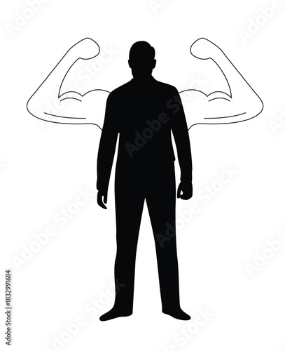 Strong Business Man with Muscles Silhouette. People being strong at work vector art, company CEO leadership idea