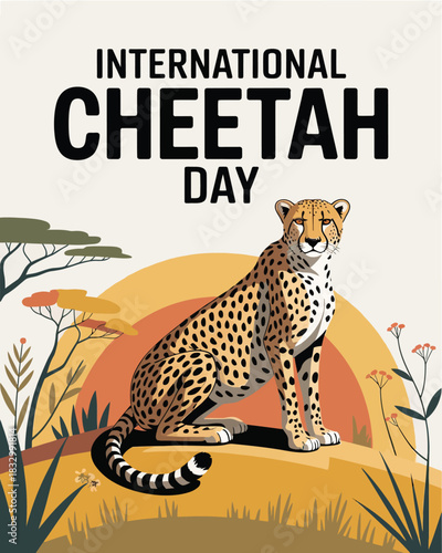 International Cheetah Day Poster with Cheetah Illustration and Nature Elements