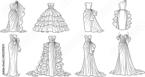 Set of elegant evening dress sketches, fashion illustration collection, wedding gown line art, black and white vector outline for coloring book design.
