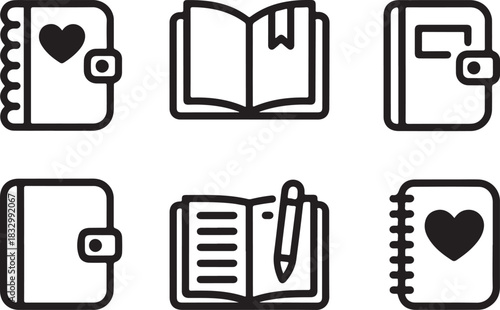 Diary books in different styles minimalist designs thin line icons notebook personal organizer