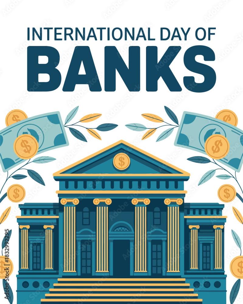 Fototapeta premium International Day of Banks Poster with Bank Building and Currency Illustrations
