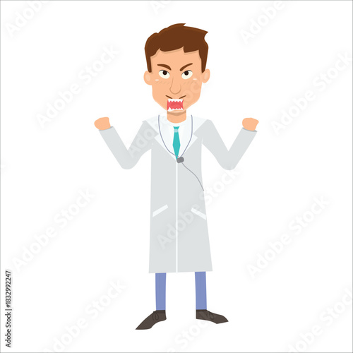 Angry doctor shouting and raising fists in frustration. Concept of stress, burnout, or conflict