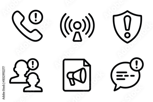 Emergency communication icons set with line style illustration, featuring emergency broadcast, crisis hotline, and alert symbols for public safety