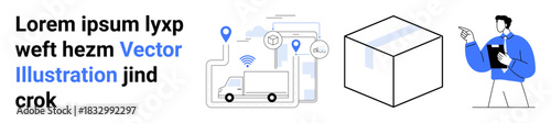 Shipping, order management, package tracking, logistics efficiency, delivery services, and supply chain. A worker pointing to a box and a delivery truck with tracking icons. Shipping and order
