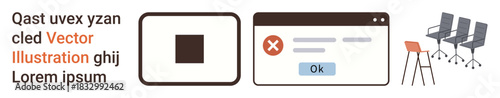 Web design, office environment, error alerts, online communication, business tools, workspace essentials. A pop-up error message, chairs and UI elements. Web design and office environment concepts