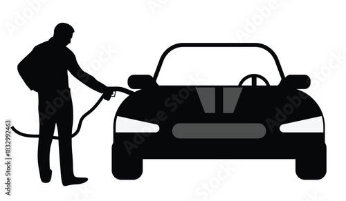 Silhouette of Man Fueling a Car with Gasoline. People and transportation means, automotive services vector art