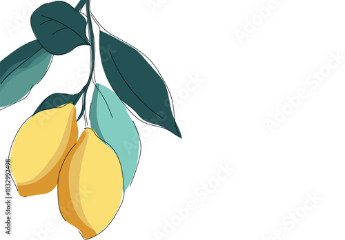 Abstract yellow lemons with black outlines and dark green leaves on a beige background.