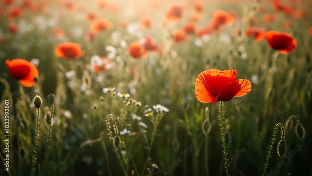 Fototapeta premium Beautiful nature photograph of a field of red poppies bathed in warm, hazy sunlight and golden glow.