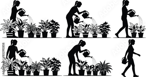 Set of woman gardening silhouettes: female tending potted house plants, watering flowers with a can, walking, bending, and kneeling in different poses, isolated vector collection.