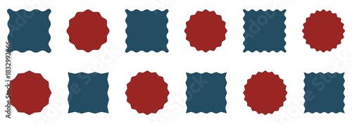 Zig zag edge square circle shape set. Graphic design elements for decoration, banner, poster, template, sticker, badge. Colorful zigzag shapes. Vector illustration. 