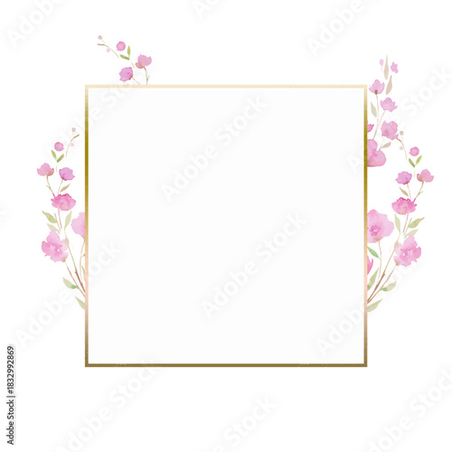 frame with Cherry blossom, sakura, branch with pink flowers, watercolor illustration.