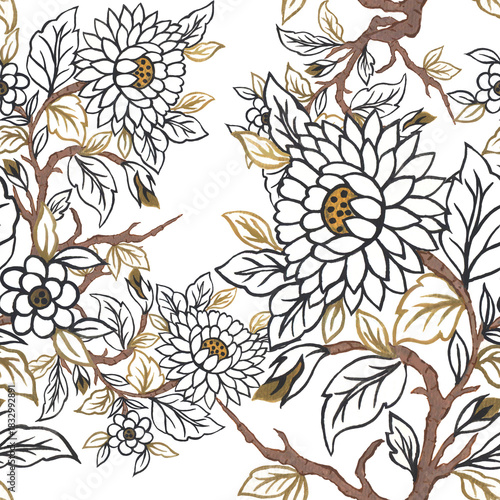 Outline black white gold garden luxury abstract retro flower watercolor repeat background