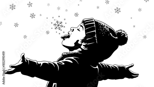 Young child enjoying snowfall and catching snowflakes with mouth  