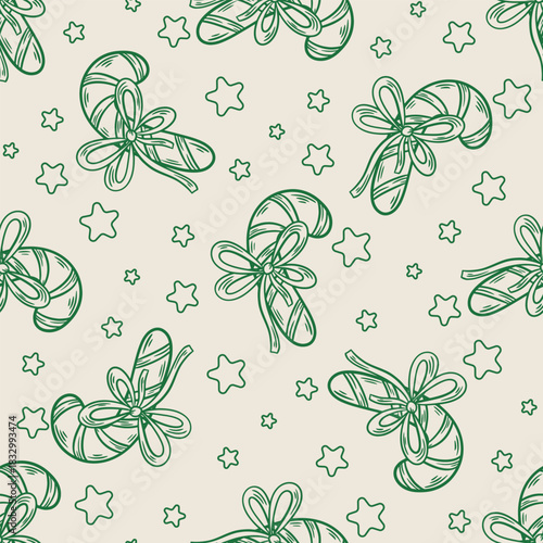Christmas seamless pattern with candy canes. Cozy festive background with engraved treats and stars. Atmospheric New Year s print for packaging, paper, textiles, vector graphics