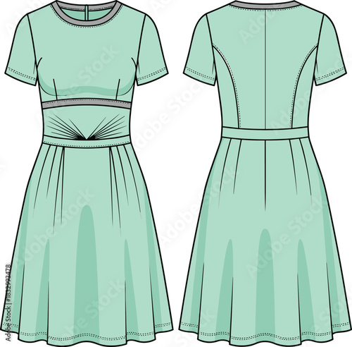 Short-sleeved mint green dress technical sketch, front and back views with gathered waist and pleated A-line skirt, fashion design vector