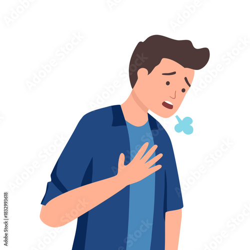 Man pressing against his chest with a shortness of breath symptom in flat design on white background. Difficulty breathing.