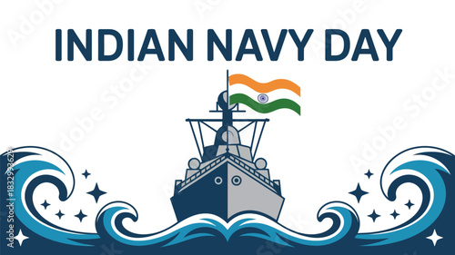 Indian Navy Day Warship and Waves Design with Indian Flag