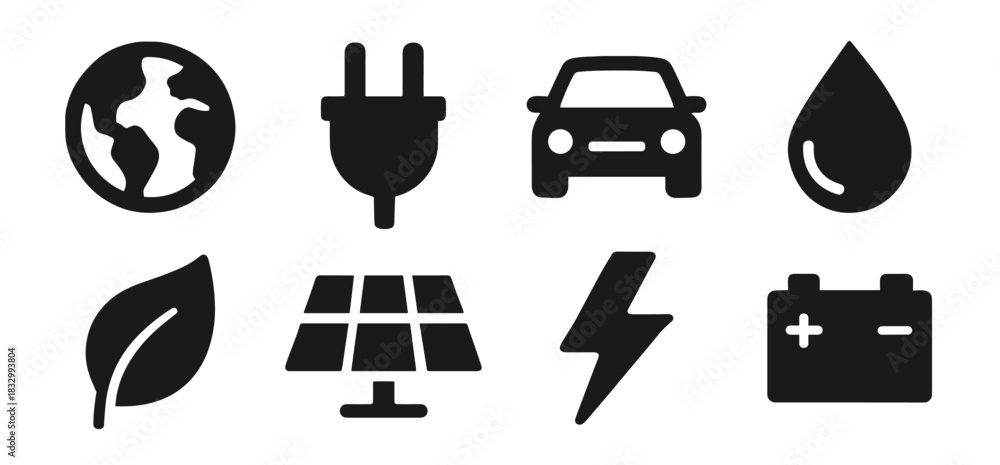 Obraz premium Eco and energy icon collection in black. Set includes earth globe, power plug, car, water drop, leaf, solar panel, lightning bolt, and battery