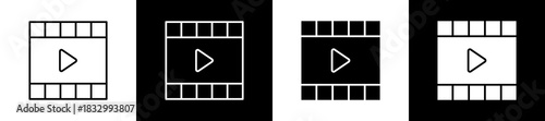 Film icon set in line and glyph style on black and white background