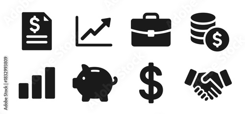 Finance icon collection in black. Set includes invoice paper, growth chart, briefcase, coins, bar chart, piggy bank, dollar sign, and handshake