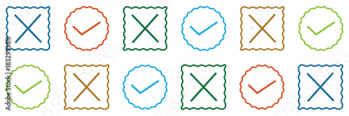 Check marks doodle set.Hand drawn symbols for checking and voting, task list checkbox with cross and tick signs vector icons set.. Correct, incorrect symbols. Vector Kids Strokes.