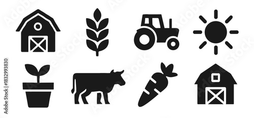 Farming icon collection in black. Set includes barn, wheat, tractor, sun, plant pot, cow, carrot, and second barn