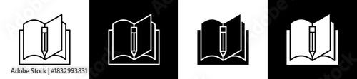 Story icon set in line and glyph style on black and white background