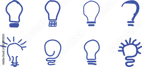 Collection of hand drawn blue light bulb icons and a question mark,
A set of eight simple, hand-drawn blue icons featuring various light bul designs and a question mark, representing ideas and queries