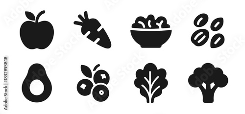 Healthy food icon collection in black featuring apple, carrot, salad bowl, beans, avocado, berries, leafy greens, and broccoli