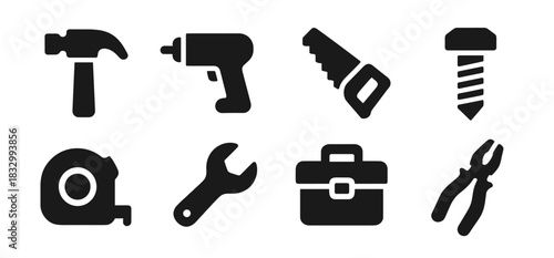 Tools icon collection in black featuring hammer, drill, saw, screw, measuring tape, wrench, toolbox, and pliers