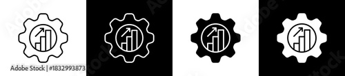 Optimization icon set in line and glyph style on black and white background