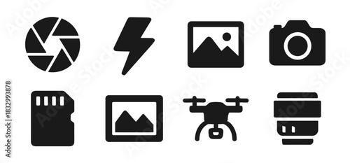 Photography icon collection in black featuring shutter, flash, landscape photo, camera, memory card, framed picture, drone camera, and lens