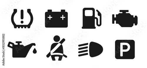 Car dashboard icon collection in black featuring tire pressure, battery, gas pump, engine, oil can, seatbelt, headlights, and parking sign