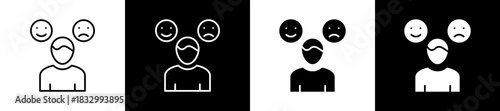 Emotion icon set in line and glyph style on black and white background
