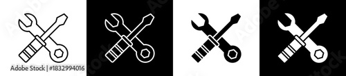 Maintenance icon set in line and glyph style on black and white background